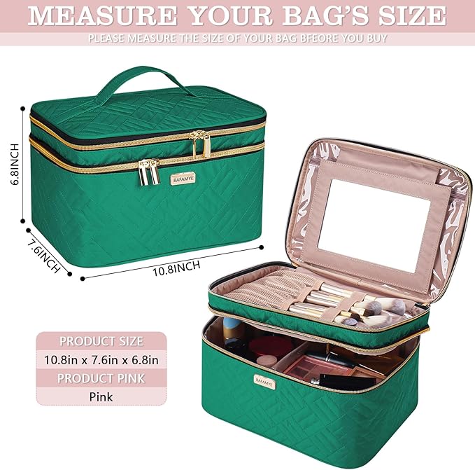 BAFAMYE 8.8L Double Layer Travel Makeup Bag With Mirror For Women, Large Cosmetic Case, Organizer for Travel-Size Accessories Bottles, Brushes,and Skin Care Products, 2.33 GAL, Green…