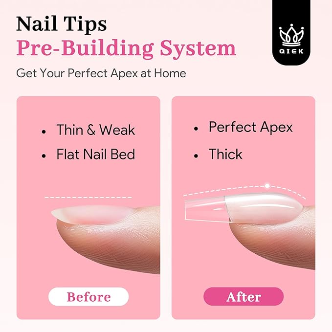 Qiek Medium Square Pre-Building Nail Tips Kit, 15 Sizes 240 PCS Pre-shaped Apex Clear Thick Extensions Tip Soft Half Matte Press On Fake Nails Glue Gel Nail Lamp for DIY Beginners & Salon Manicure
