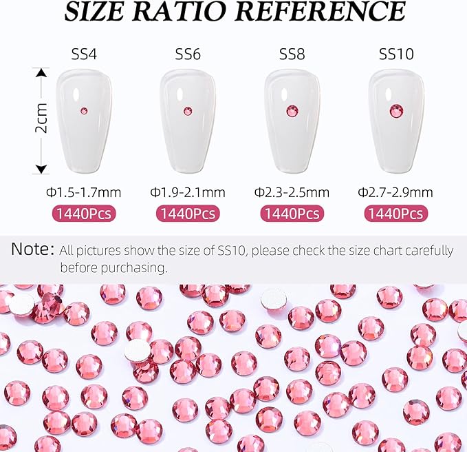 Meibite Rose Flatback Rhinestones, Glass Rhinestones for Nail Art and Craft, Glue Fix, Loose Crystal Gemstones(Rose, SS6, 1440pcs, 1.9-2.0mm)
