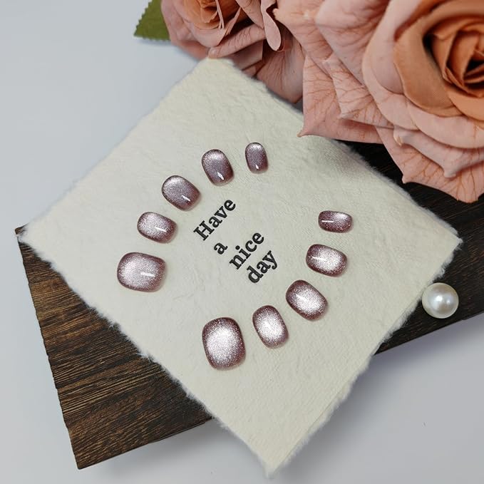 Cat Eye Press on Nails Handmade Short Oval/Square/Round False Nails with French Tip/Aurora/Magnetic Shimmer Designs (Shimmer#Sunshine Lily L)