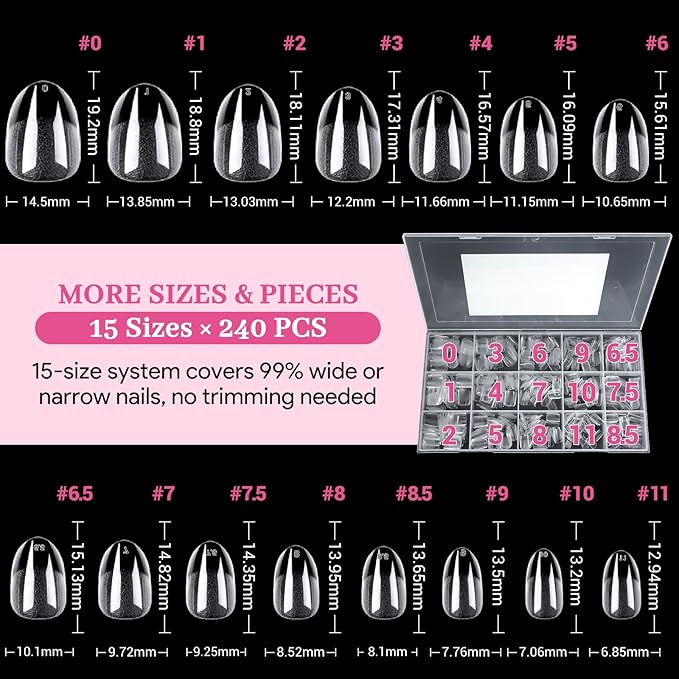 Qiek Short Oval Fake Nail Tips - 15 Sizes 240 PCS Clear Half Matte Press On False Nail Tips Pre-shaped Soft Full Cover Gel Nail Tips Extensions Thick Long Lasting for DIY Beginners & Salon Manicure