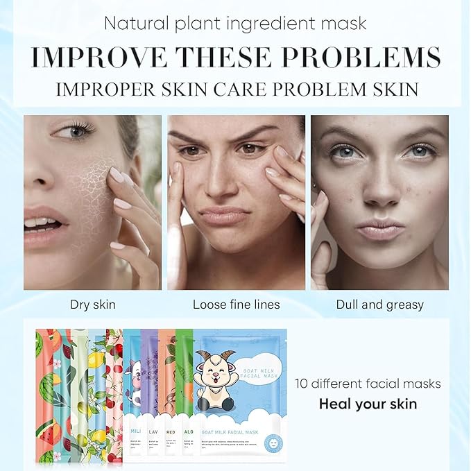 10 Pack Sheet Face Masks Skincare for All Skin Types, Hydrating Face Masks Suitable for Sensitive Skin, Sheet Masks with Natural Ingredients Bulk Facial Masks for Women Skin Care, Face Mask for Spa