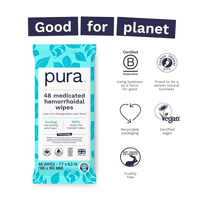 Pura Flushable Hemorrhoid Wipes XL, 48 Count, Medicated with Cooling Witch Hazel, Aloe & Coconut Oil, Fast Relief, Fragrance-Free, 100% Plastic-Free