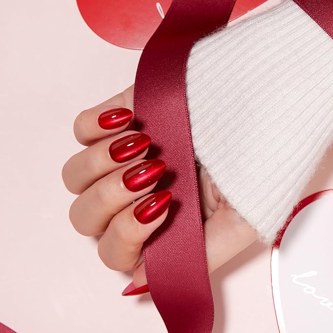 VSALON Press on Nails Short Almond - Red Cat Eye Chrome New Year Nails, Reusable Opaque Gel Fake Nails Kit with Glue & Cuticle Oil - 32 PCS Stick on Nails in 16 Sizes (Pulse red)