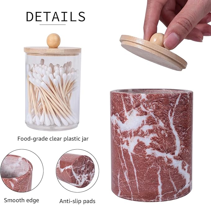 Travertine Marble Qtip Holder Dispenser with Bamboo Lid & Clear Plastic Inner Jar - Bathroom Vanity Organizer for Cotton Swab, Ball, Makeup Pads, Floss - Storage Container (Rosso Red Marble)
