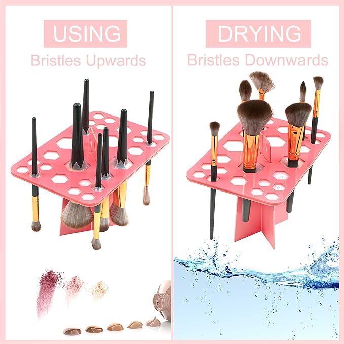 Acrylic Brush Holder, 26 Slots Drying Holder Rack, Makeup Brush Storage Organizer for Hanging, Display Stand Upside Down with Suction for Women Girls (Pink)