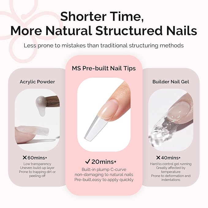 MelodySusie Long Coffin Gel Nail Tips Kit-300Pcs Pre-Building Apex Fake Nail Tips 20g Solid Nail Glue Gel,Half Matte Full Cover Clear Acrylic Nail,15Sizes Thick Strong Long Lasting for Home DIY&Salon