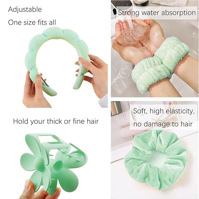 BluOcnMkt 6PCS Spa Headbands for Women Green Skincare Makeup Sponge Headband Set, Large Flower Hair Clip, Elastic Hair