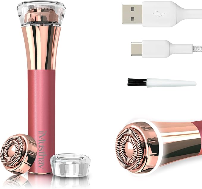 iMusthav Facial Hair Remover for Women – Painless Flawless Electric Razor, Epilator & Trimmer 18K Gold-Plated Dual Ring Floating Head 20mm, USB Rechargeable, 360° LED Light for Face, Lip & Chin