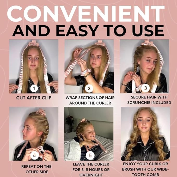 Lily England Heatless Hair Curlers to Sleep In - No Heat Curling Gift Set Includes Satin Headband, Hair Clip, Comb & 2 Scrunchies - Sleek & Smooth Overnight Curls (Pink, 5 Pack)
