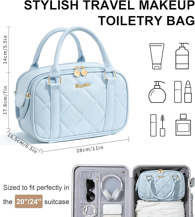 Bagstellar Travel Makeup Bag, Large Capacity Quilted Toiletry Bags for Women, Wide-open Cosmetic Bags Make Up Case Organizer Portable Pouch with Handle & Brush Holder for Traveling Accessories, Blue