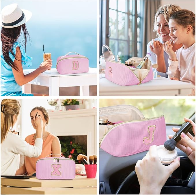 Personalized Initial Makeup Bag, Valentine's Day Gifts for Girls,Preppy Bag Cosmetic Travel Bag Women,Travel Toiletry Organizer,Large Capacity Corduroy Stuff Bag,Cute Cosmetic Pouch Skincare Bag