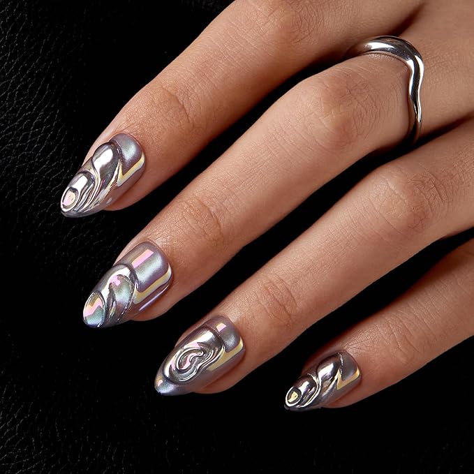 VSALON Press on Nails Short Almond - Chrome Silver Cat Eye 3D Swirl Design Fake Nails Kit for Women, Reusable Salon Quality Glue on Nails - 32 PCS Stick on Nails in 16 Sizes with Glue & Cuticle Oil