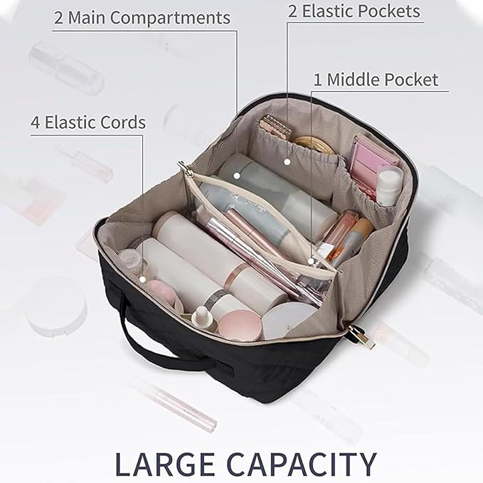 Feilium Travel Makeup Bag, Wide Open Expandable Lay-Flat Cosmetic Case, Padded Organizer for Toiletries & Brushes Large Capacity with Compartments