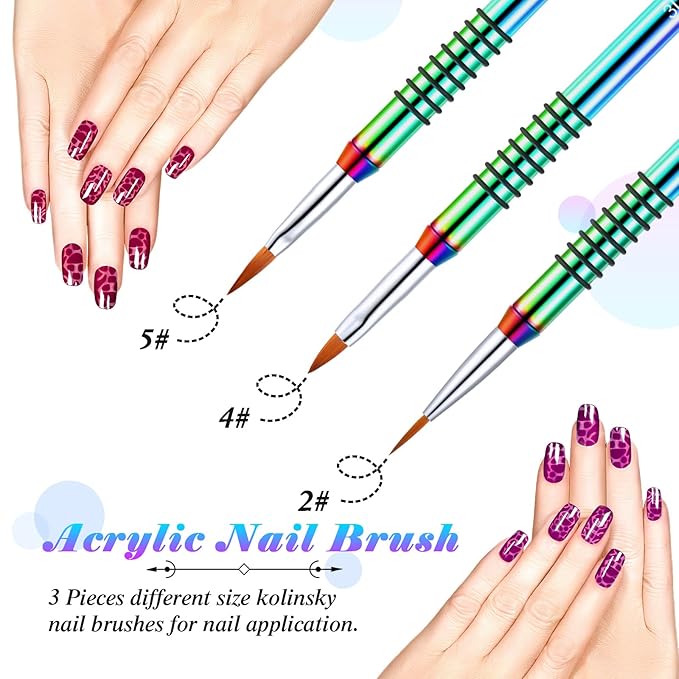 Patelai 3 Pcs Kolinsky 3D Nail Art Brush Set for Acrylic Powder Sculpture Nail Art Brush Size 2/4/5 with Rainbow Metal Nonslip Grip Handle for Acrylic Powder Application