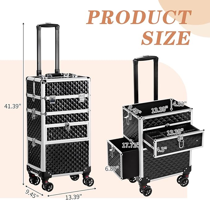 Karl home Rolling Makeup Case with Wheels & 2 Drawers, 3 in 1 Large Capacity Trolley Makeup Travel Case, Professional Cosmetology Lockable Travel Cosmetic Storage Train Cases, Black