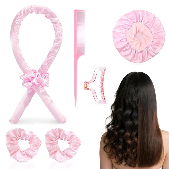 Heatless Hair Curler with Silk Bonnet Wrap – No Heat Hair Rollers for Long Hairs– Effortless Curls with Soft, Durable Headband Curling rod Set –Achieve Wavy and Heatless Curls Overnight