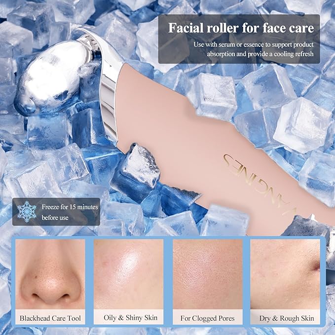 Vangines Blackhead Scraper Tool & Skin Scrubber Face Spatula for Blackhead Removal, Pore Cleaning, with Cooling Ice Roller & 2 Silicone Brush Heads (Dusty Rose)