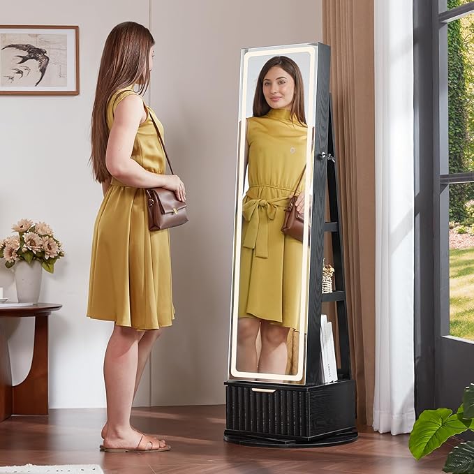 Fluted 360° Swivel Jewelry Armoire Cabinet Standing with Full Length Mirror, Lockable Jewelry Organizers and Drawer Storage with 3 Color LED Lights & Interior Mirror Rear Storage Shelves
