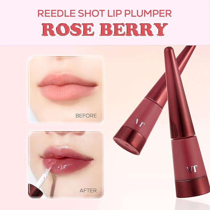 VT COSMETICS Reedle Shot Lip Plumper, Hydrate & Volumize Lip Gloss, Smooth Lip Wrinkles, Korean Lip Plumper, High Shine, Lip Enhancer, Hyaluronic Acid, Stocking Stuffers. 0.15 oz. (Rose Berry)