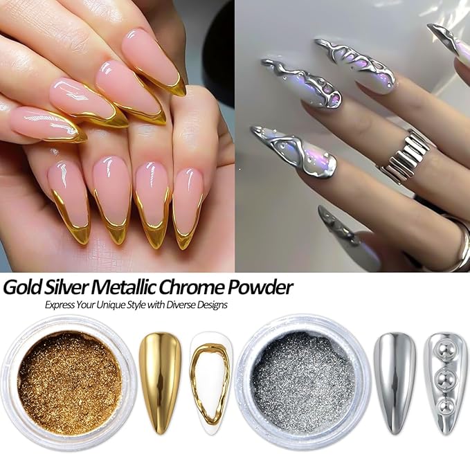 SUTOZMIWE Chrome Nail Powder and 3D Nail Gel Kit, Metallic Mirror Glitter Effect Chrome Powder For Nail Art, Holographic Aurora Iridescent Dip Dust Pigment and 10g Sculpting Gel Set for Nail Decor DIY