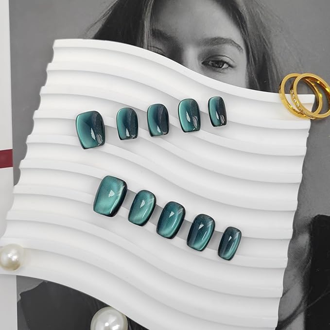 Cat Eye Press on Nails Handmade Short Oval/Square/Round False Nails with French Tip/Aurora/Magnetic Shimmer Designs (Side#Malachite S)