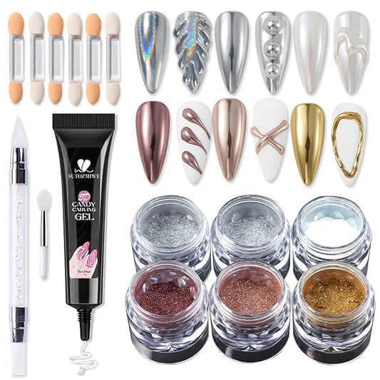 SUTOZMIWE Chrome Nail Powder and 3D Nail Gel Kit, Metallic Mirror Glitter Effect Chrome Powder For Nail Art, Holographic Aurora Iridescent Dip Dust Pigment and 10g Sculpting Gel Set for Nail Decor DIY