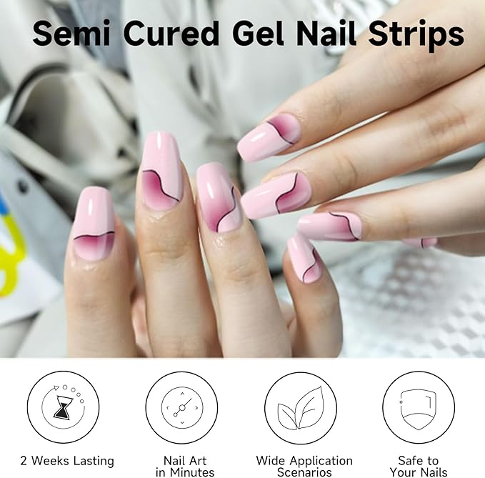 DUKASOU Semi Cured Gel Nail Strips, 56Pcs Nail Art Stickers/Wraps, Long Lasting UV Nail Polish Strips for Adults(Blue+Pink)
