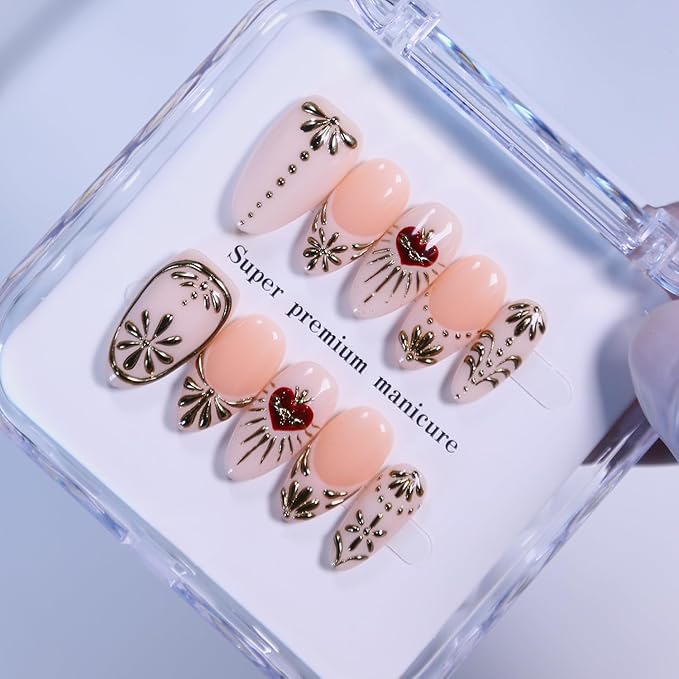 MAGLFELL Press On Nails - Short Almond Handmade Unique Fake Nails, Artistic Design, Thick Acrylic and Muti-Layer Gel False Nails, Reusable Gel durable Oval 3D Fake Nails (Size M)