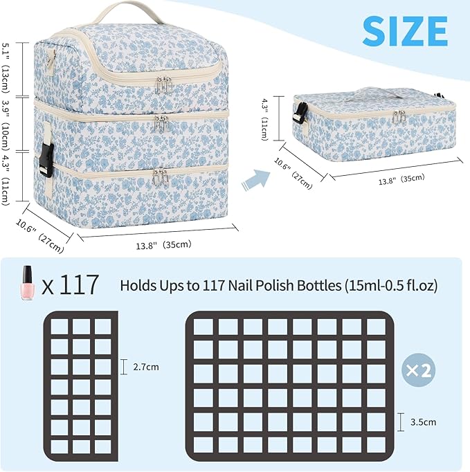 Extra Large Nail Polish Organizer - Three Layer Nail Organizers And Storage Bag, Portable Nail Supplies Organizer Case, Nail Tech Kit Travel Carrying Box with Shoulder Strap (Floral Blue, 117 Slots)