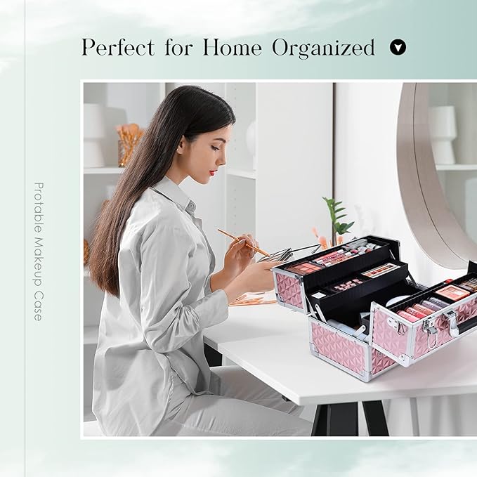 Joligrace Makeup Train Case Professional Cosmetic Organizer Aluminum Storage Box with 4 Adjustable Dividers Trays Lockable Portable with Shoulder Strap