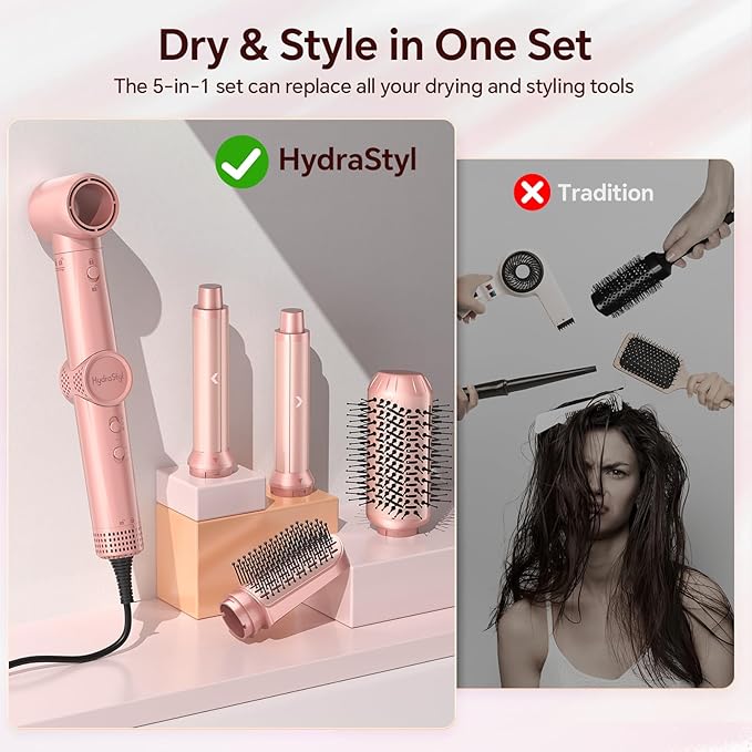 HydraStyl 5 in 1 Hot Air Styler, 1300W 110000 RPM High-Speed Hair Dryer Brush with Auto-Wrap Curlers, Frizz-Free Volumizing Straightening Curling for All Hair Types, No Heat Damage, Travel Bag