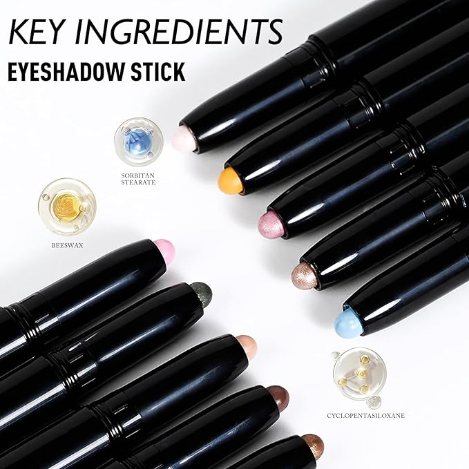 Black Eyeshadow, Shimmer Cream-to-Powder Eye Shadow Stick Waterproof Long Lasting Glitter Neutral Smoky Eyeshadow Pencil Highlighter Makeup High Pigmented Blendable Eyeliner Pen for Women