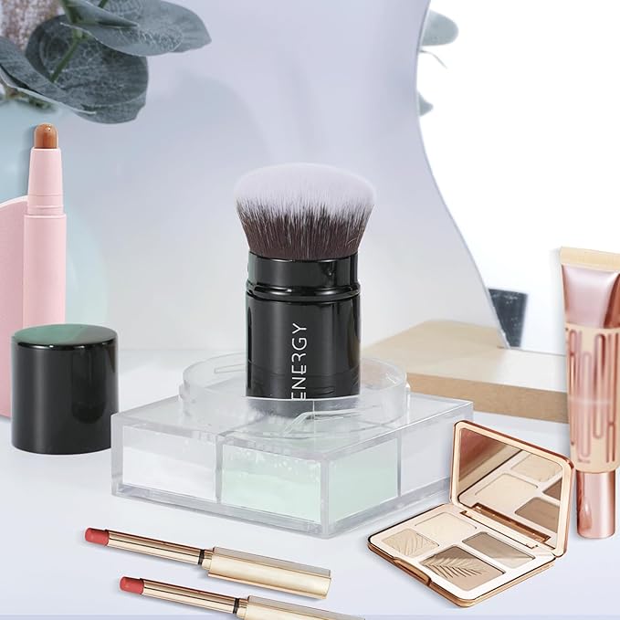 ENERGY Kabuki Brush Retractable - Makeup Kabuki Foundation Brush Travel for Liquid, Blush, Loose Powder & Cream Bronzer Blending, Buffing Cruelty-Free Face Makeup Brushes with Cover Mini (Black)