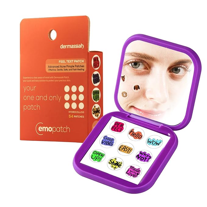 Acne Pimple Patches for Face 54 Count with Mirror Case for Day & Night Use - Hydrocolloid Pimple Pads, Emoji-Themed Blemish Dots, Clear Skin Treatment (Feel Text)