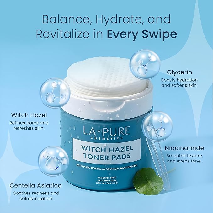 La Pure Korean Toner Pads With Witch Hazel - 100 Ct | Hydrating, Exfoliating Pads & Pore Care Korean Skincare - Gentle, Alcohol-Free, with Glycerin and Centella for Sensitive Skin by La Pure Cosmetics