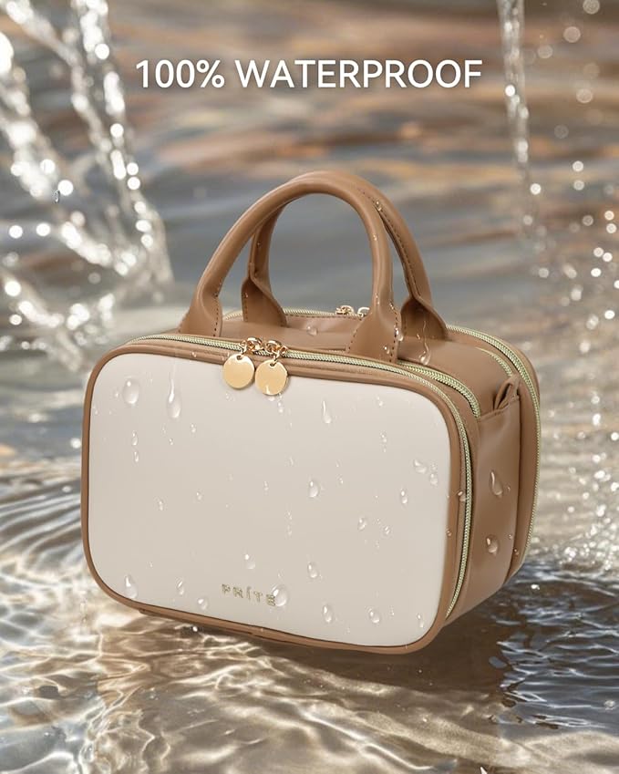 Prite Travel Makeup Bag Women’s Large Capacity Waterproof Cosmetic Organizer Portable Open Flat Toiletry Case with Free-standing Brush Holder and Handle(Beige Brown Large)