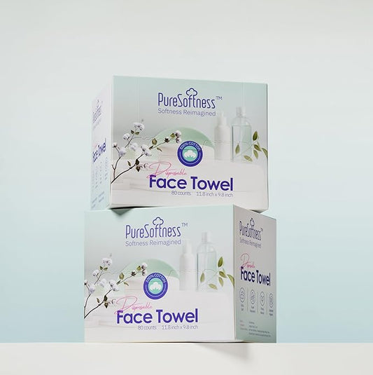 PureSoftness Luxuriously Soft Disposable Face Towel, 100% Cotton, Extra Large 12" x 10" Ultra Soft Dry Wipe for Face Wash, Makeup Remover, Bio-Based Towelette for Sensitive Skin 160 Count (2 Pack)