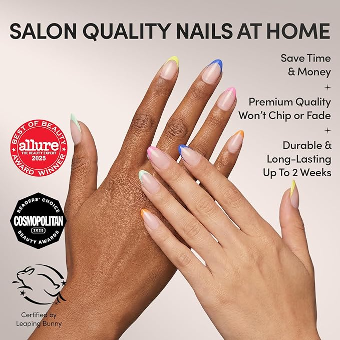 Glamnetic Press On Nails - Sprinkles | Rainbow French Tip Nails, UV Finish Short Pointed Almond Shape, Salon Quality Semi-Transparent Nails in 12 Sizes - 24 Nail Kit with Glue