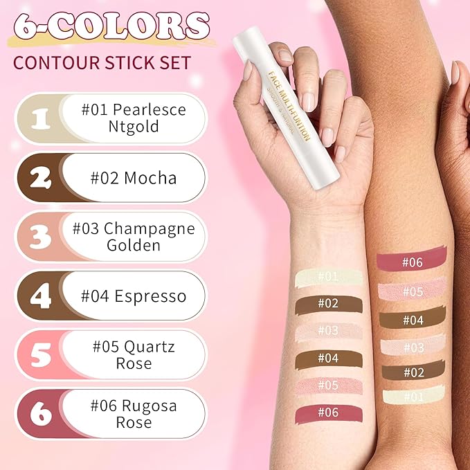 AWCCXMYM 6 Colors Cream Contour Stick Makeup Set Dual-ended Blush & Highlighter Bronzer Stick for Sculpt the Cheeks Long Lasting & Waterproof Matte Finish Face Contouring Set B