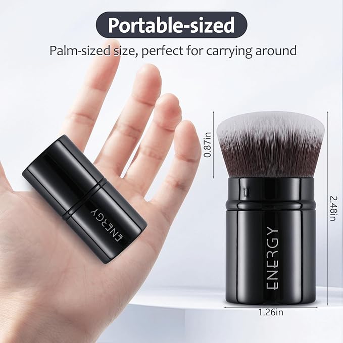 ENERGY Kabuki Brush Retractable - Makeup Kabuki Foundation Brush Travel for Liquid, Blush, Loose Powder & Cream Bronzer Blending, Buffing Cruelty-Free Face Makeup Brushes with Cover Mini (Black)