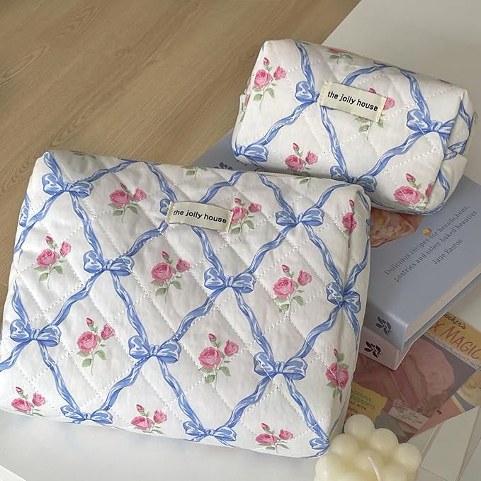 Cute Makeup Bag Aesthetic Floral Quilted Cotton Cosmetic Bag Travel Organizer Toiletry Pouch 3 Pack Set (01Blue Bow)
