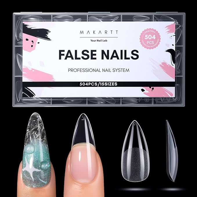 Makartt Long Stiletto Almond Nail Tips: Clear, 504 PCS, 15 Sizes, Half Matte, French Fake Nails Stiletto Shapes - Pre-Etched Full Cover Soft Acrylic Press On Nails Extension DIY Art Salon