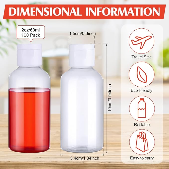 Eccliy 100 Pack 2 oz Plastic Bottles Travel Lotion Bottle Squeeze Container Plastic Bottles with Caps Small Travel Empty Refillable Toiletry Containers for Liquid Lotion Creams with 5 Funnels(Clear)
