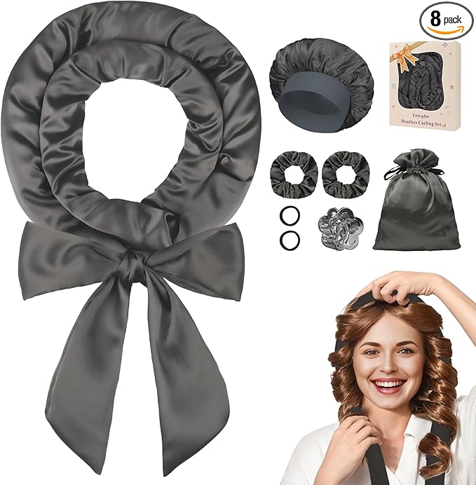 Ystrybo Satin Heatless Hair Curler Curls Overnight Hair Curlers to Sleep in, Hair Curlers No Heat Curls Overnight, Heatless Curling Set for Women Long Hair - 8 Pcs (Dark Gray)