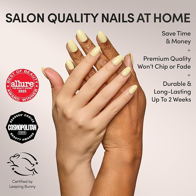 Glamnetic Press On Nails - Pastel Yellow | Short Oval Yellow Fake Nails with Glossy Finish, Salon Quality| 15 Sizes - 30 Nail Kit with Glue