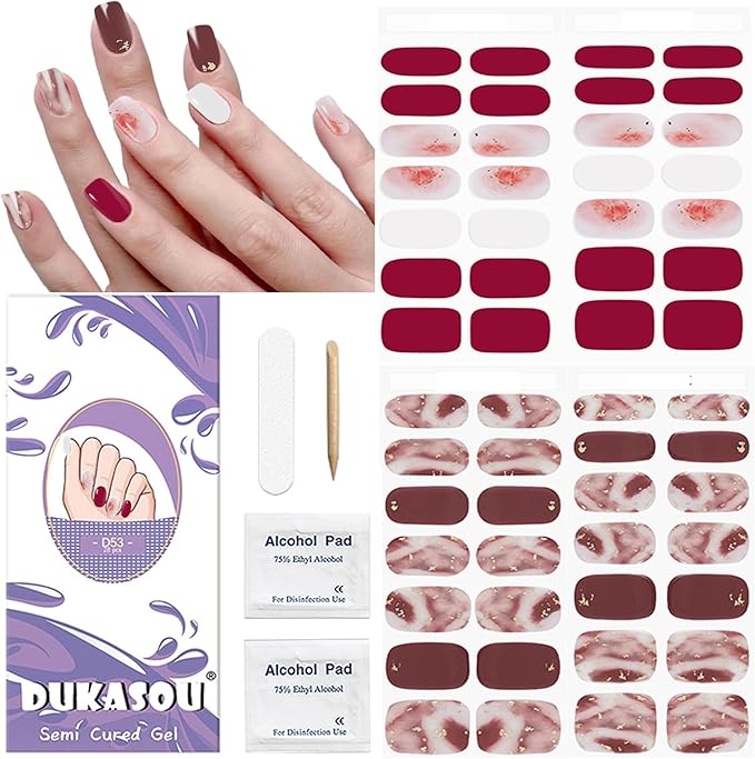 DUKASOU Semi Cured Gel Nail Strips, 56Pcs Fall Gel Nail Stickers/Wraps, Long Lasting UV Nail Polish Strips for Adults（Red+Wine Red）