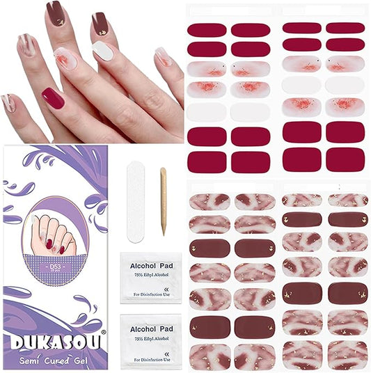 DUKASOU Semi Cured Gel Nail Strips, 56Pcs Fall Gel Nail Stickers/Wraps, Long Lasting UV Nail Polish Strips for Adults（Red+Wine Red）