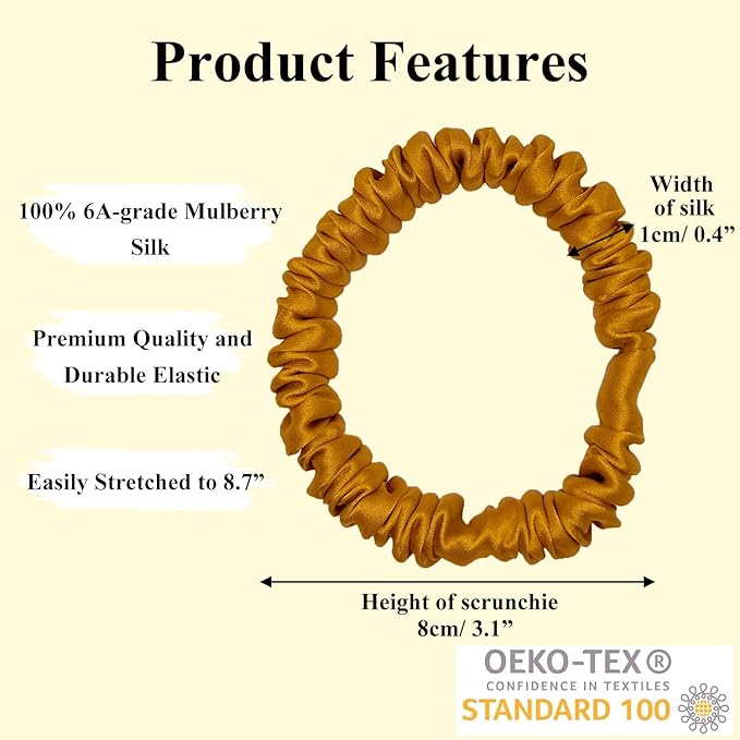 VLOMOT 3 Pcs Set 100% Pure Mulberry Silk Hair Scrunchies Hair Ties with 3 Chic Colors Everyday Skinny Scrunchies Silk Ponytail Holders Hair Care No Damage (Yellow)
