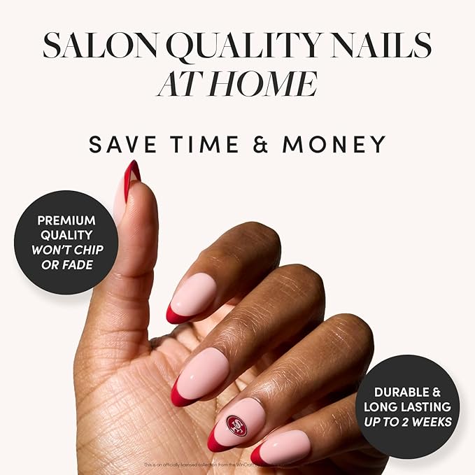 Glamnetic x Fanatics Press On Nails - San Francisco 49ers | Short Almond Fake Nails, NFL 49ers Red French Tips, Football Nails, Salon-Quality | 15 Sizes - 30 Nail Kit with Glue